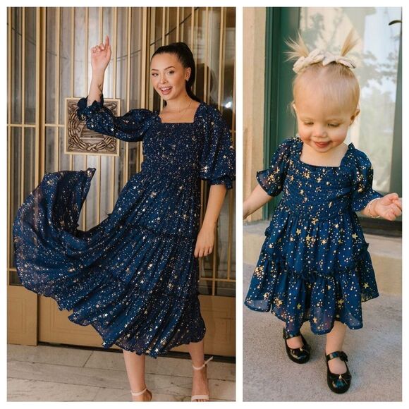 Matching SET Mommy Baby Ivy City Co Starry Nights Puff Sleeve Smocked Dresses - Picture 1 of 11